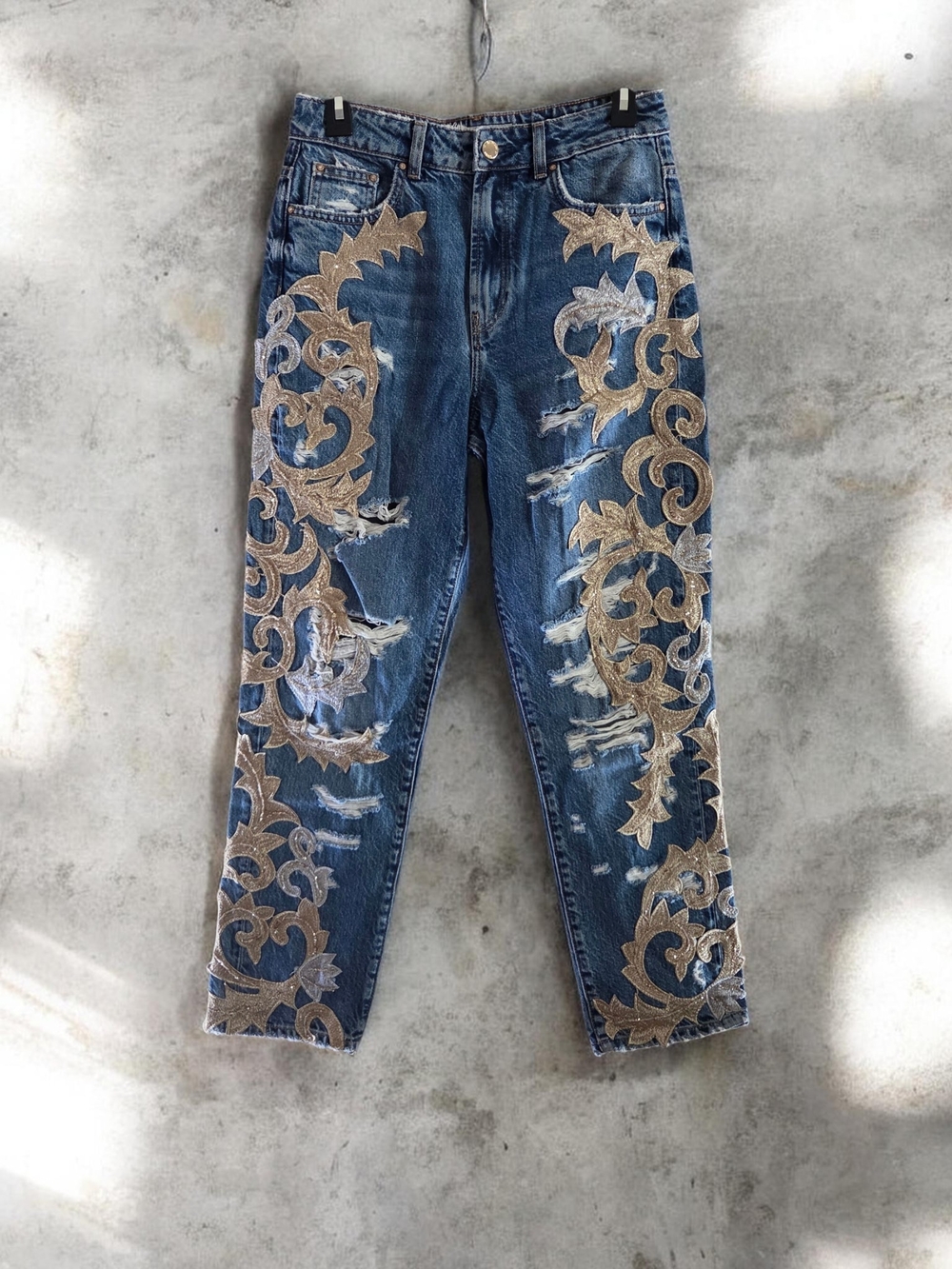 Blue Straight-Leg Jeans with Gold Embroidered Appliqué- NWOT SAMPLE JEANS